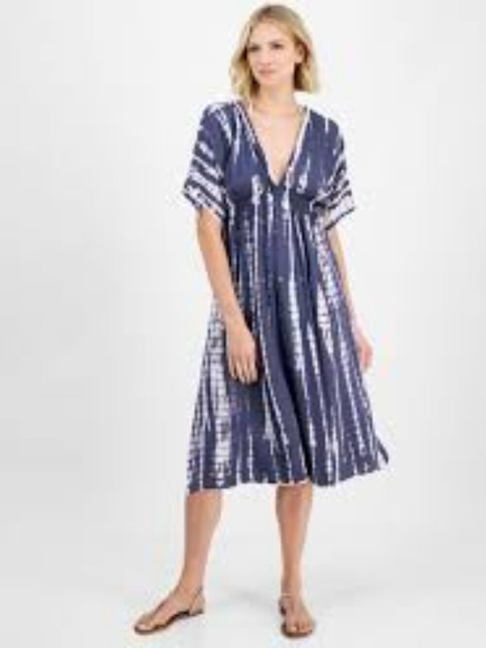 Raviya Women's Blue Tie-Dyed Braid-Trim V-Neck Cover-up Dress, Women Sizes  NWT